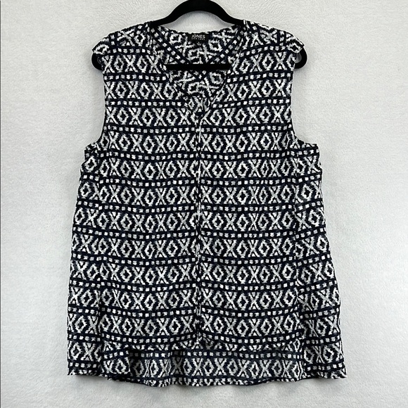 Jones New York Women’s Top Blouse Sz Large Black/White/Gray Polyester V-Neck - Picture 1 of 9